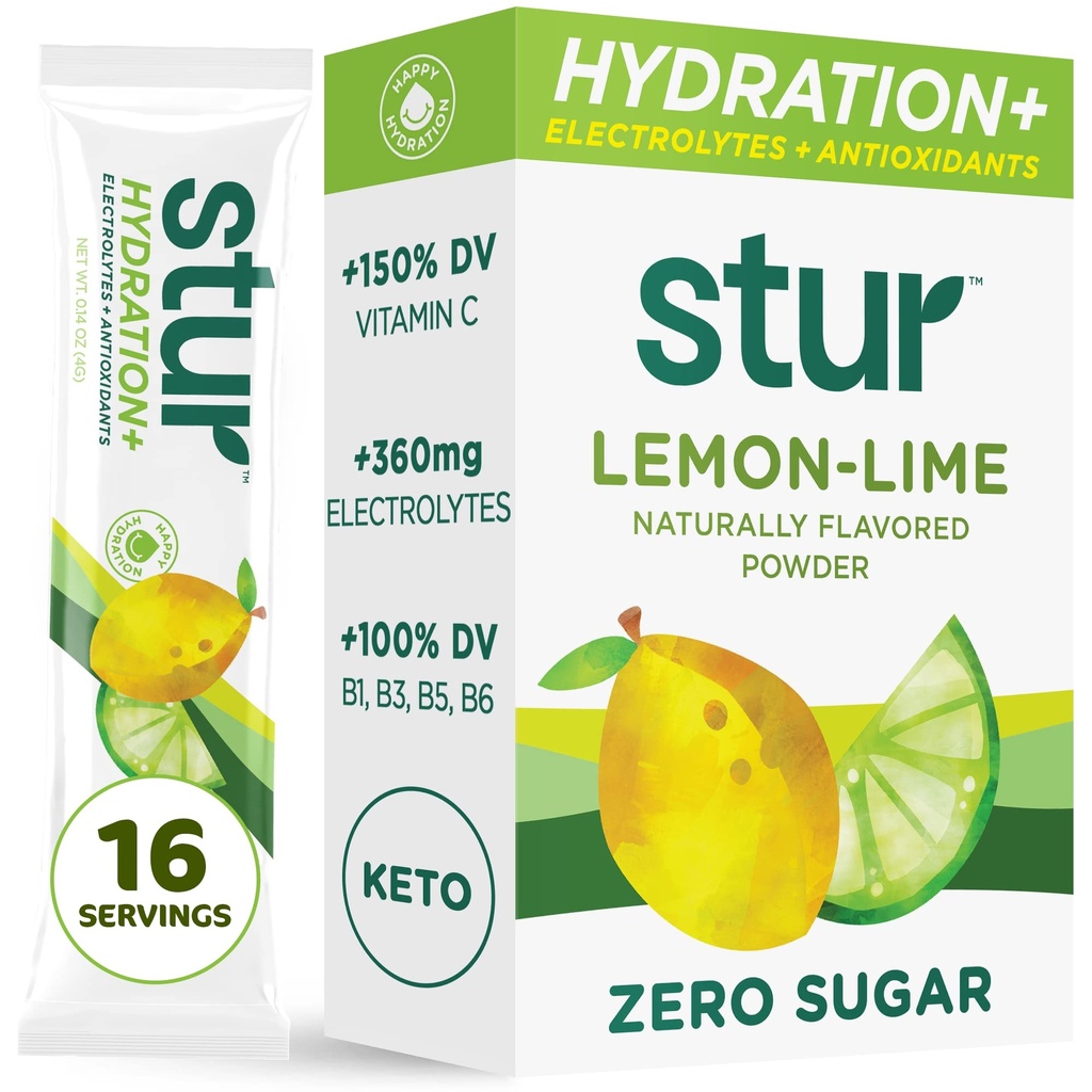 Stur Electrolyte Hydration Powder | Lemon Lime | High Antioxidants & B Vitamins | Sugar Free | Non-GMO | Daily Hydration & Workout Recovery | Keto | Paleo | Vegan (16 Packets)