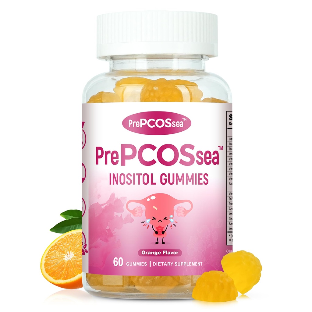 PrePCOSsea Myo-Inositol Vitamin Gummies for Women with Folate & D-Biotin, and Essential Vitamins, 60 Orange Flavor Inositol Gummies, Easy to Chew