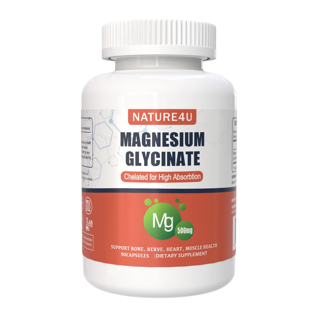 Magnesium Glycinate 500mg, 100% Chelaat voor hoge absorptie Magnesium Supplement voor slaap, spier, hart, nooit en bot ondersteuning, 90 capsules