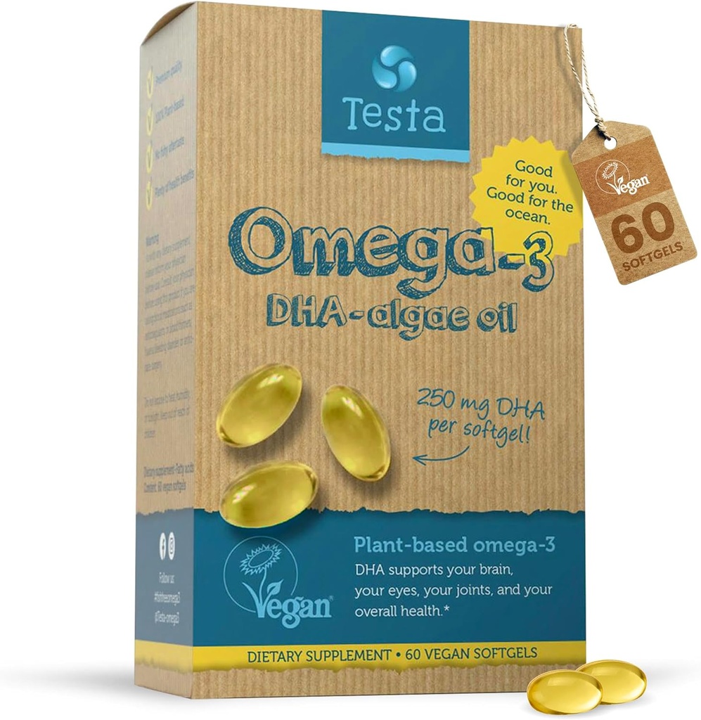 Testa Omega 3 Supplement - 250mg DHA van Algenolie - Vegan Omega 3 - Ondersteunt hersenen, oog en gezamenlijke gezondheid - Niet van vissen, Pure Algen Capsules - Twee maanden levering
