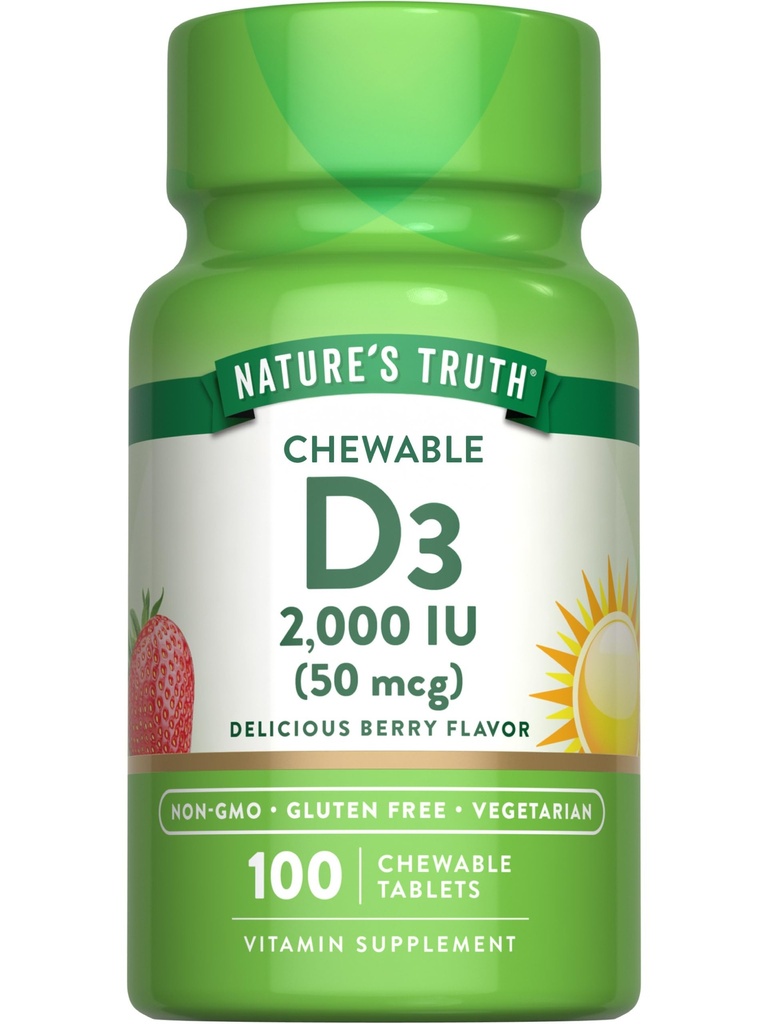 Nature's Truth Chewable Vitamin D3 2,000 IU | 100 Tablets | Berry Flavor | Vegetarian, Non-GMO, & Gluten Free Supplement