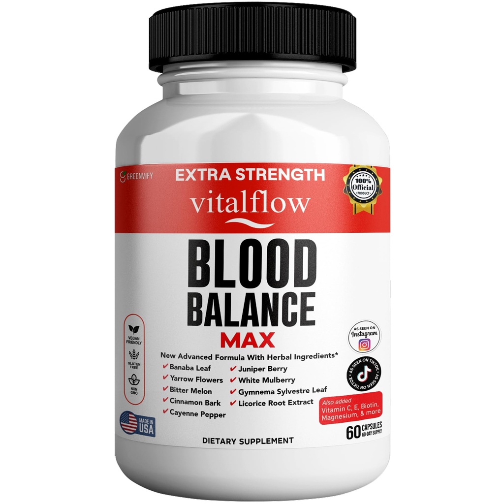 VitalFlow Blood Balance Max | Advanced Herbal Formula with Banaba Leaf, Juniper Berry, Bitter Melon & More | Vegan, Gluten-Free, Non-GMO | 60 Capsules, 60-Day Supply | Made in USA (1)