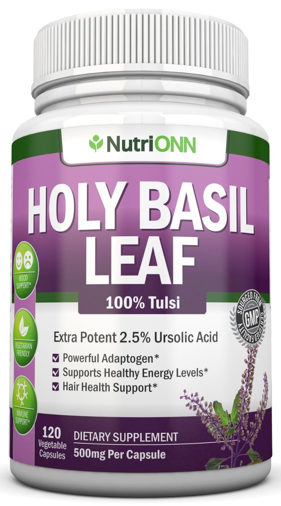 Holy Basil Leaf Capsules - 500mg - 2,5% Ursolic Acid - 120 Vegan Capsules - Real Tulsi Extract Supplement - Positive Mindset - Adaptogenic & Ayurvedic Herb
