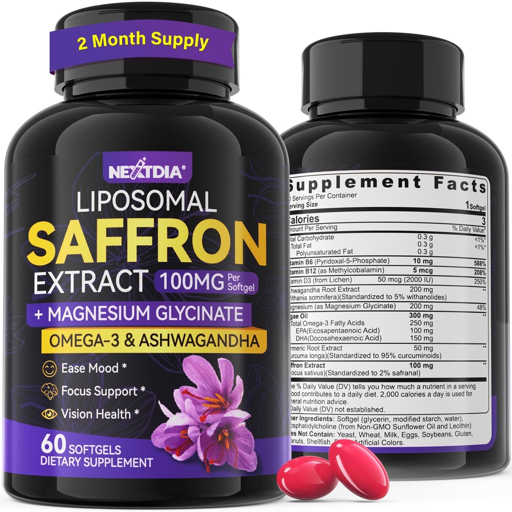 Nextdia Saffron Supplements - 100mg Liposomal High Absorption 100% Pure Saffron Extract with Magnesium Glycinate, Omega-3, Turmeric, Ashwagandha, Vitamin B6, B12, D3 for Mood, Brain - 60 Softgels.