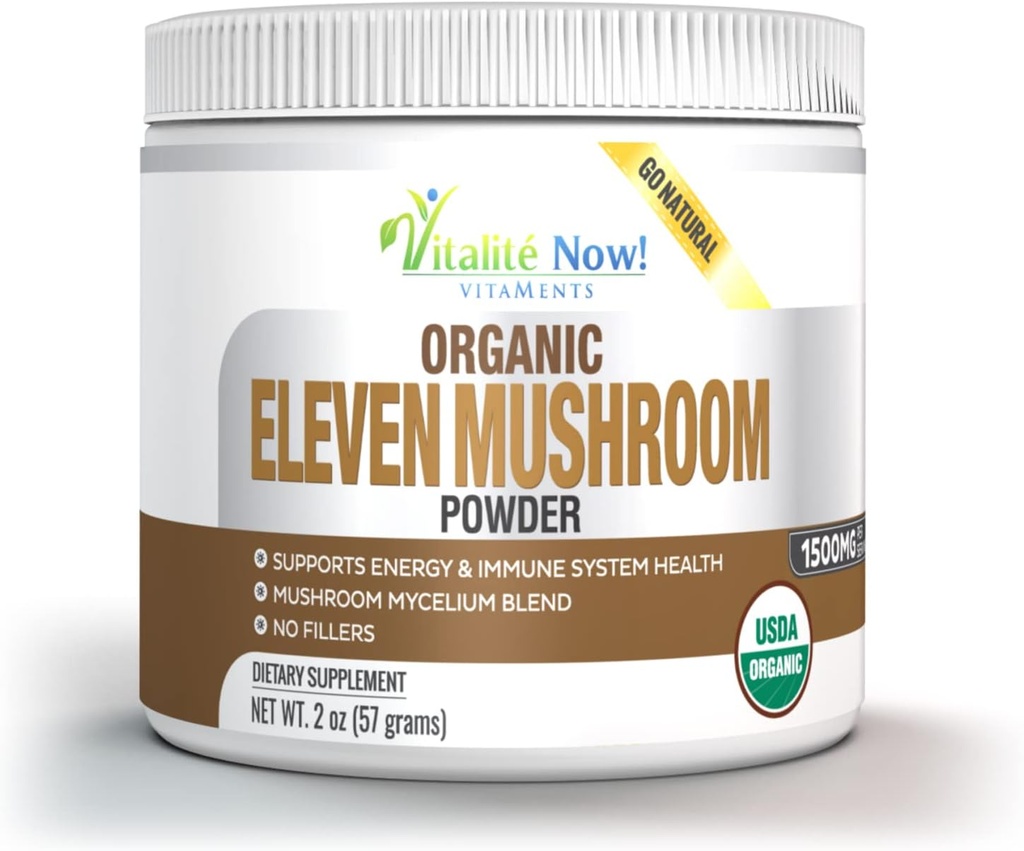 Bio 11 Poudre de champignons - USDA Certifié - Lion's Mane, Reishi, Cordyceps, Maitake, Shiitake, Turkey Tail, Chaga, Zhuling, Wood Ear, Poria Cocos, Hime-Matsutake - Immunité et énergie, Pas de remplissage