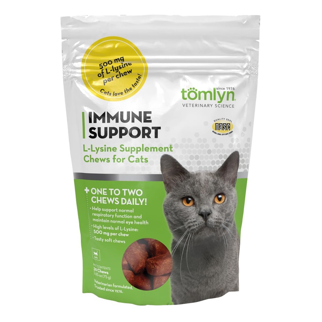 Tomlyn Immune Support Supplément L-Lysine quotidien, Lysine aromatisée aux poissons pour chats et chatons, 30ct