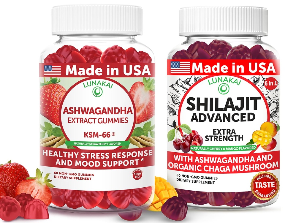 Lunakai USA Made Ashwagandha KSM-66 & Shilajit Advanced Gummies Bundle – Mood Balance & Adaptogen Support – 60 Non-GMO Gummies Each