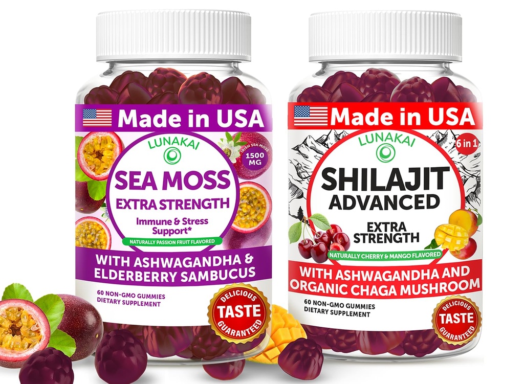 Lunakai USA Made Sea Moss Extra Strength & Shilajit Advanced Gummies Bundle – Daily Plant-Based Support – 60 Non-GMO Gummies Each
