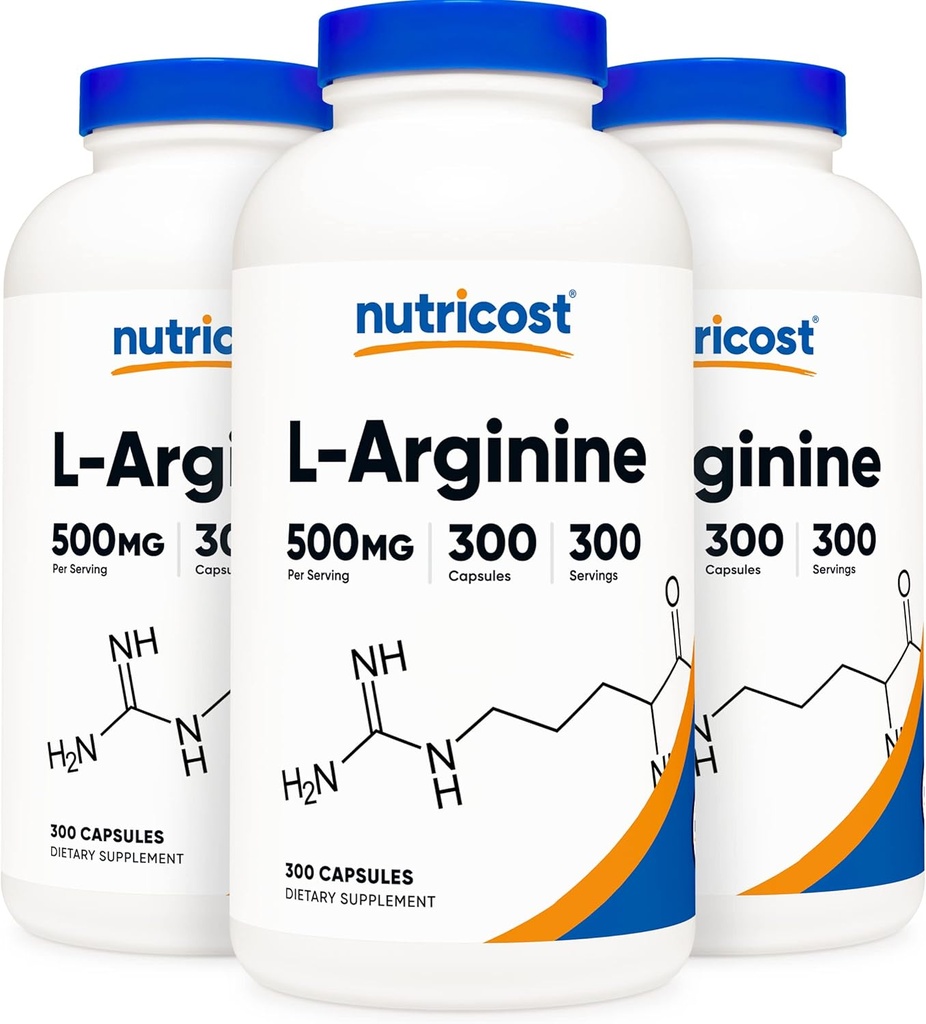 Nutricost L-Arginine 500 mg, 300 capsules (3 flessen)