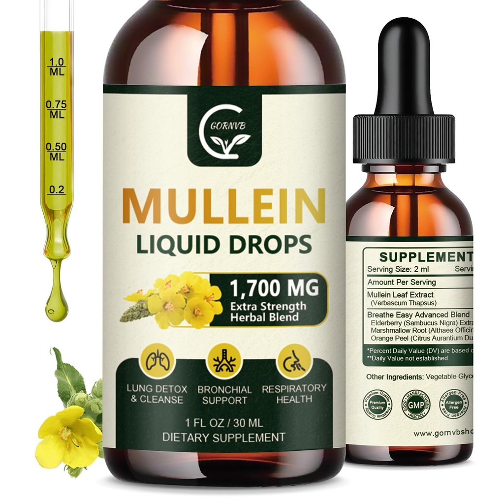 (2 Pack) Mullein Drops for Longs - Longen Reiniging en Respiratory Support, krachtige 4 in 1 Mullein Leaf Extract met vlierbessen, Marshmallow Root en Orange Peel voor Bronchial Support, 1 Fl Oz