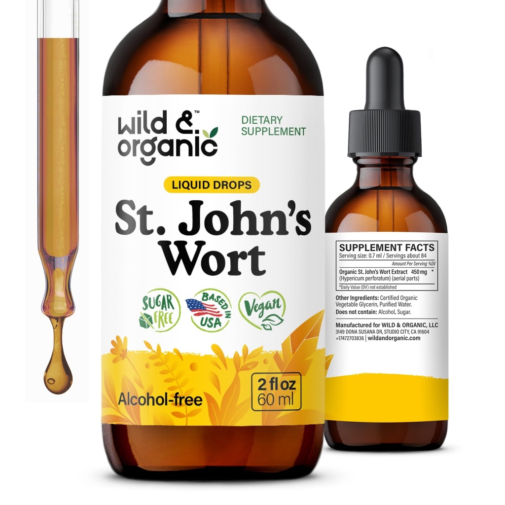 Wild & Organic St Johns Wort Tinctuur - Mood Support - Relaxing St. John's Wort Supplement - Liquid Hypericum Perforatum Herb Drops - Vegan, Sugar & Alcohol-Free - 2 fl oz