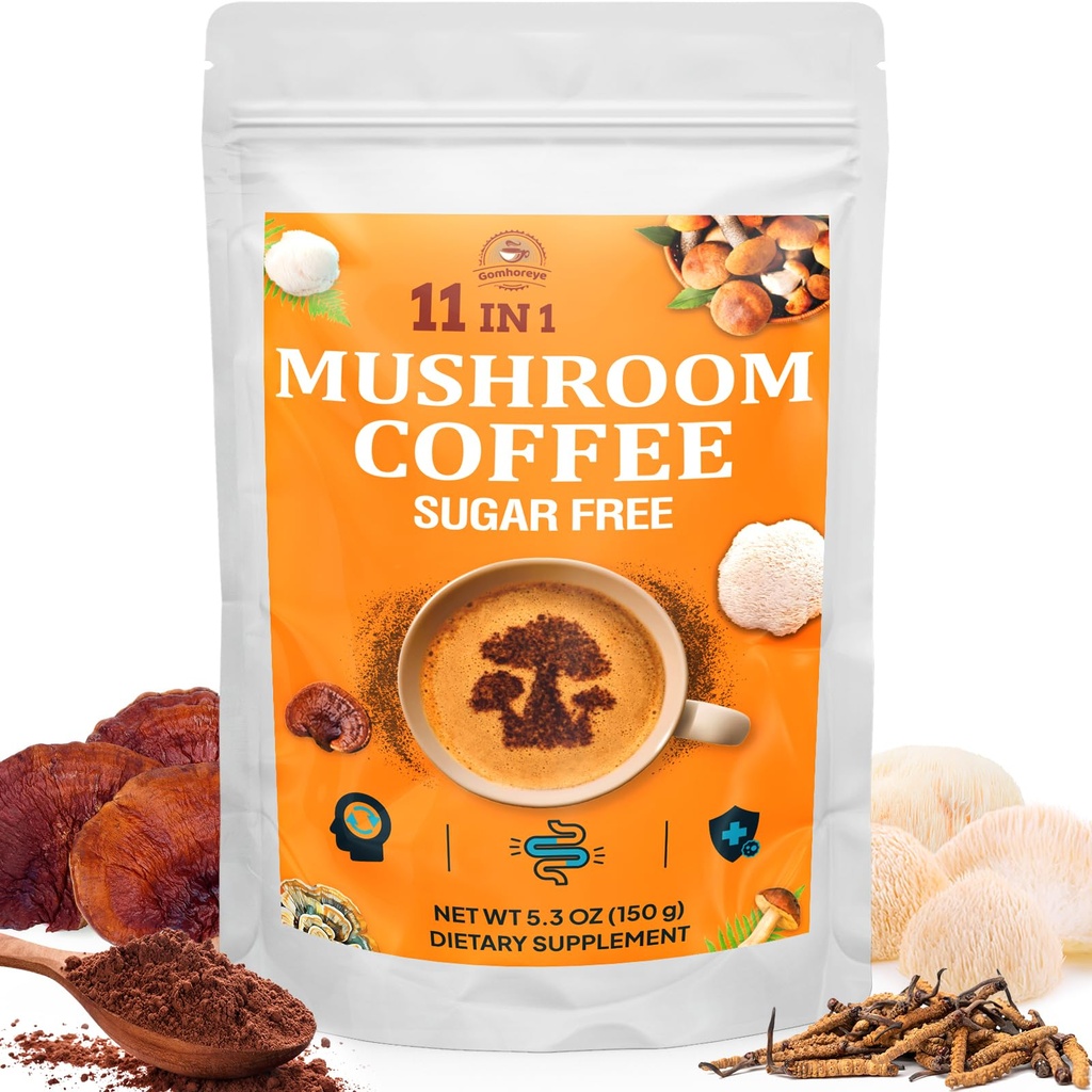 Paddestoelen Koffie - Paddestoelen Biologische met 11 Superfood Paddenstoelen, Inclusief Lion's Mane, Reishi, Chaga, Cordyceps en Adaptogenen, Paddestoelen Supplement voor energie, Focus, Geheugen en Immuniteit - 5.3oz