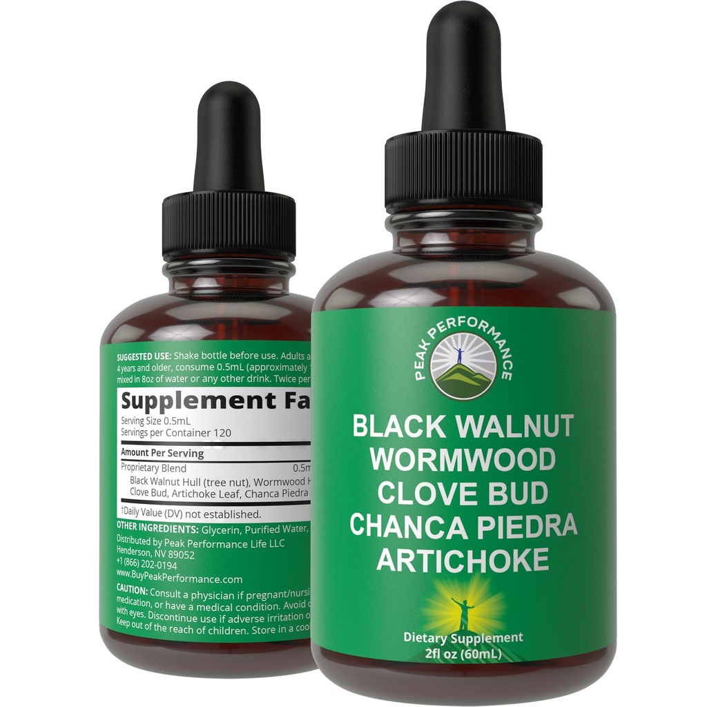 Wormwood Noyer noir Nettoyant pour les humains. Élimination Detox + Soutien intestinal Supplément de teinture liquide pour adultes et enfants. avec Artichaut et Chanca Piedra pour des avantages supplémentaires