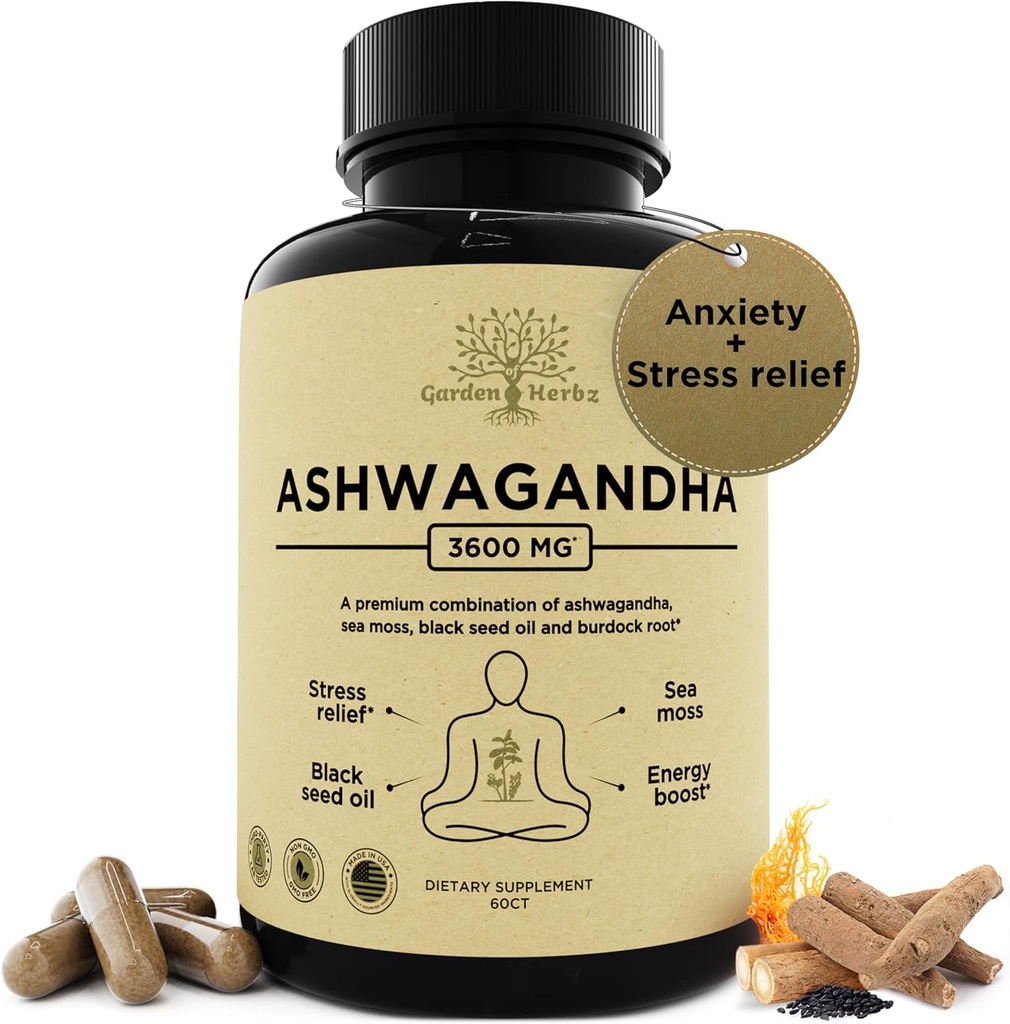 Biologische Ashwagandha Root & Irish Sea Moss 3600 mg Ashwagandha Supplement met Zwarte Zaadolie, & Burdock Root 