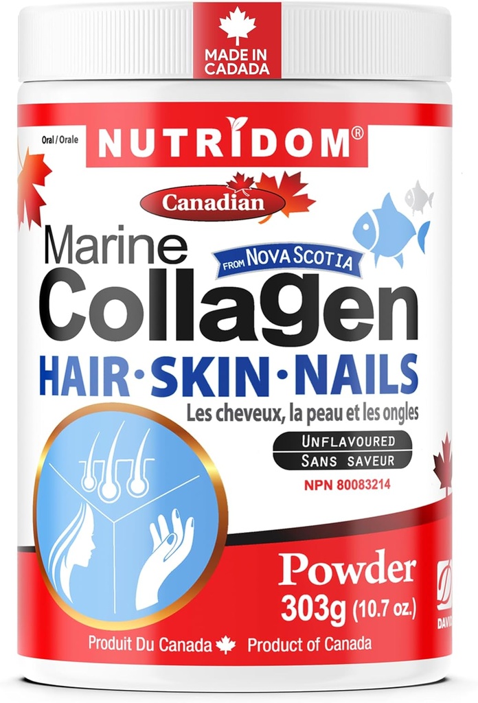 Nutridom Gehydrolyseerde Marine Collagen Peptides Powder, Wild-Caught from Nova-Scotia, Ondersteunt haar, huid en nagels, non-GMO, vrij van gluten, soja en zuivel (303 g)