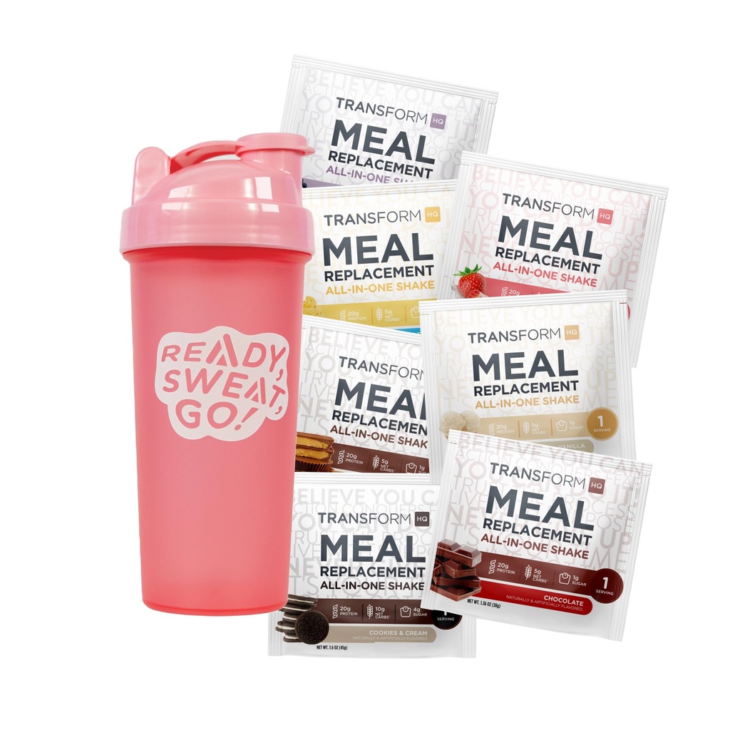 TransformHQ Maaltijd Vervanging Shake Variety Box met Pink Shaker, 7 Single-Serving Shake Packs
