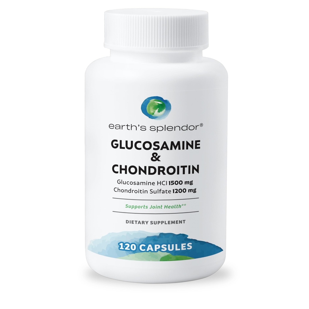 Earth's Splendor Glucosamine HCI 1500 mg Chondroitin Sulfate 1200 mg Supplement voor mannen en vrouwen, ondersteunt gezamenlijke gezondheid, ondersteunt dagelijkse gezamenlijke functie (120 capsules, 1+ maand aanbod)