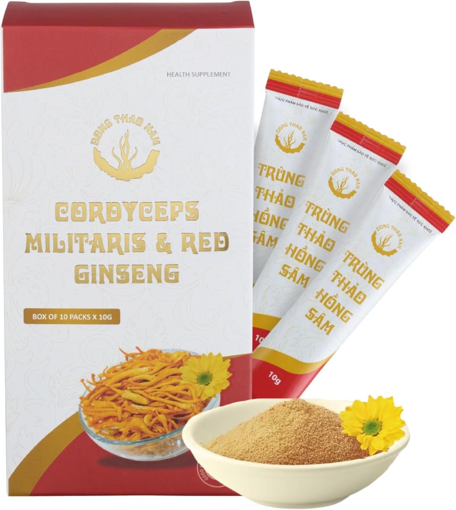 Dong Thao NAM - Biologische rode ginseng en cordyceps poeder, 6 in 1 kruidenextract, verhoogt alertheid, verhoogt energie en vermindert vermoeidheid, cafeïnevrij, verpakking van 10