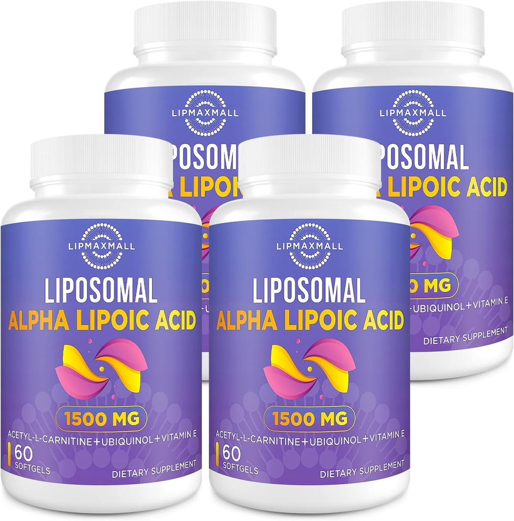 Liposomal Alpha Lipoïnezuur 1500mg - met acetyl-L-Carnitine 900mg & Ubichinol 100mg & vitamine E 15mg,ALA Supplement voor antioxidanten Glucose Metabolisme Nerve Energy,60 Softgels (4 flessen)