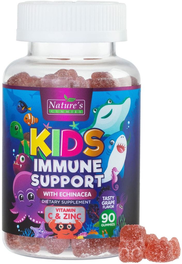 Kinderen Immuun Ondersteuning Supplement Gummies - Dagelijkse kinderen Vitaminen C, Zink & Echinacea - Gummy voor kinderen Immuniteit Ondersteuning, Leeftijd 4 en hoger, Natuurlijke Berry Smaak, Non-GMO, Glutenvrije & Vegan - 90 Gummies