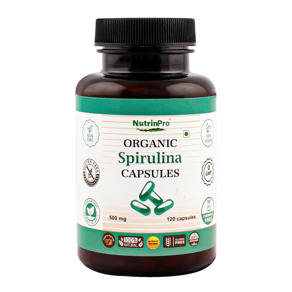 USDA Organische Spirulina Capsules - 100% Pure Vegan Supplement, Non-GMO, Glutenvrij, Chemisch-vrij, (120)
