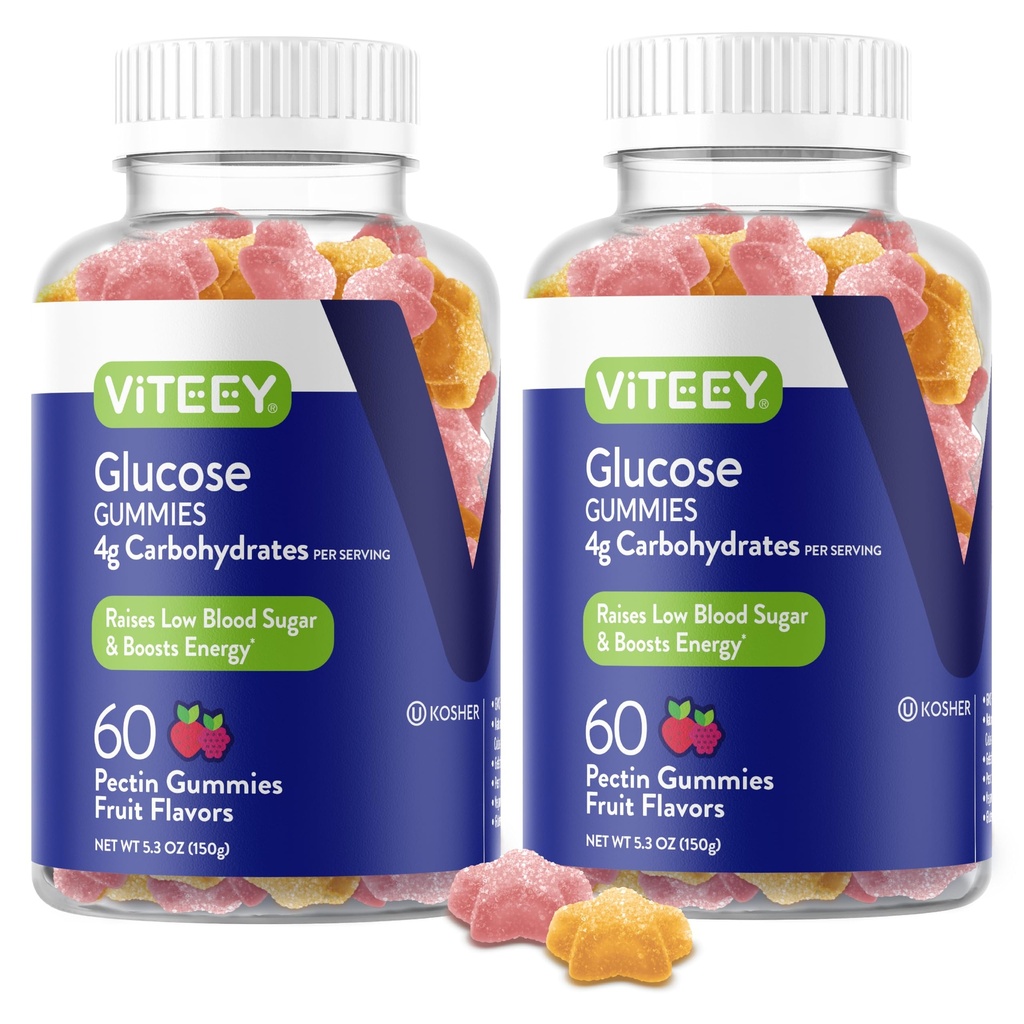 Gommies de glucose de Viteey - 4g d'hydrates de carbone - Alternative agissant rapidement aux comprimés de glucose - Soutien énergétique et de sucre dans le sang - Vegan, sans gluten, sans gélatine - 120 Compte