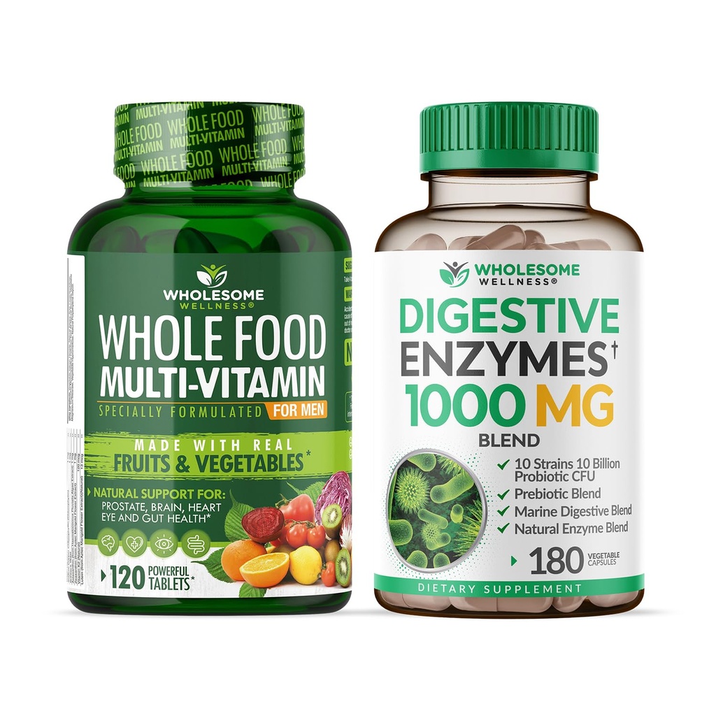 Wholesome Wellness Whole Food Multivitamin for Men - Natural Multi Vitamins, Minerals, Organic Extracts Digestive Enzymes 1000MG Plus Prebiotics & Probiotics Bundle
