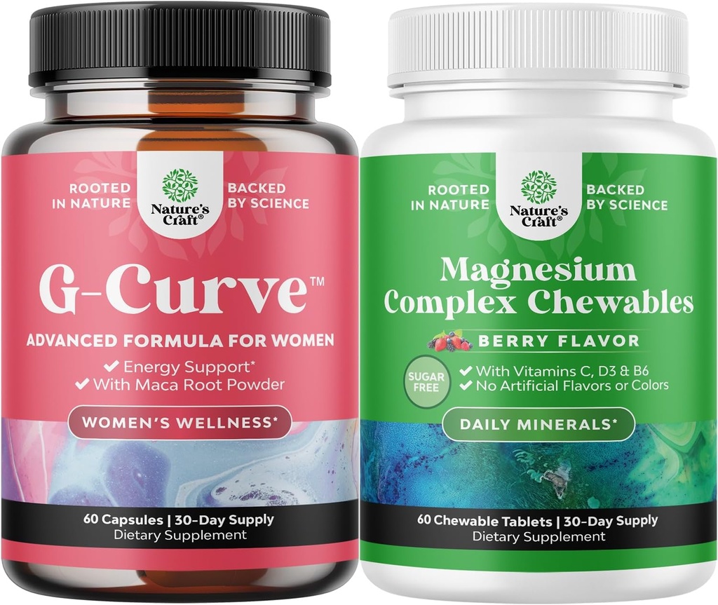 Bundel van G-Curve Butt & Borst Enhancement met Saw Palmetto Extract Geile Geit onkruid voor vrouwen en suikervrije Magnesium Glycinate Kauwbaar met Taurate & Citrate Complex Plus Vitaminen D3 B6 & C