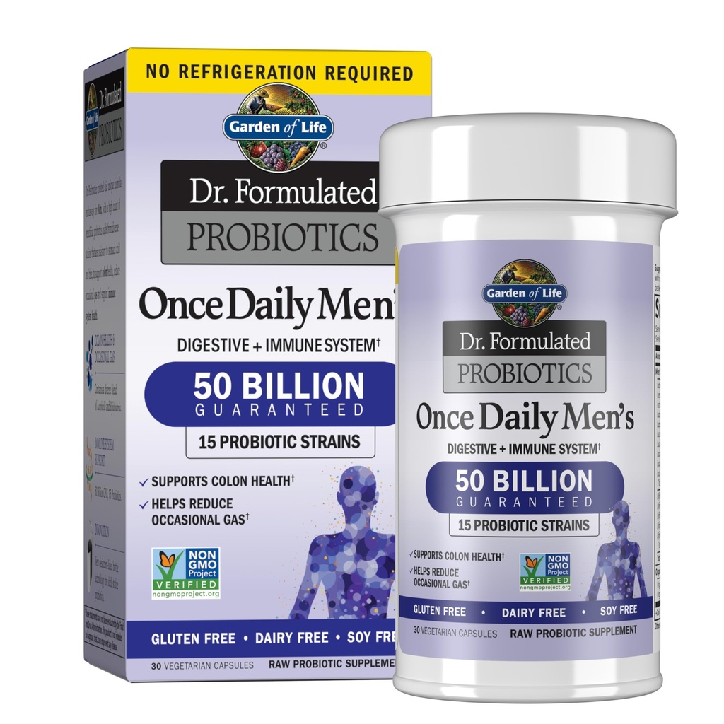 Garden of Life Probiotics for Men,Dr Formulated 50 Billion CFU 15 Probiotics for Digestive Health+Organic Prebiotic Fiber,Colon & Immune Support,Daily Gas Relief,Shelf Stable, 30 Capsules (Pack of 6)