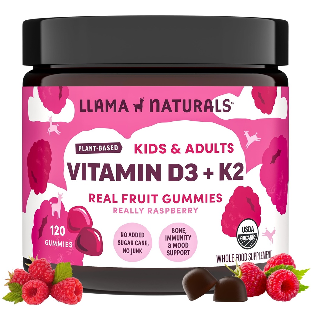 Llama Naturals Vitamine D3, Vegan, Biologische Immune Ondersteuning Supplement, Vitamine D Gummies voor volwassenen en kinderen, Real Fruit Gummy Vitaminen, Promoot Bone Health, Geen Toegevoegd Suiker Cane, Raspberry, 120 Ct