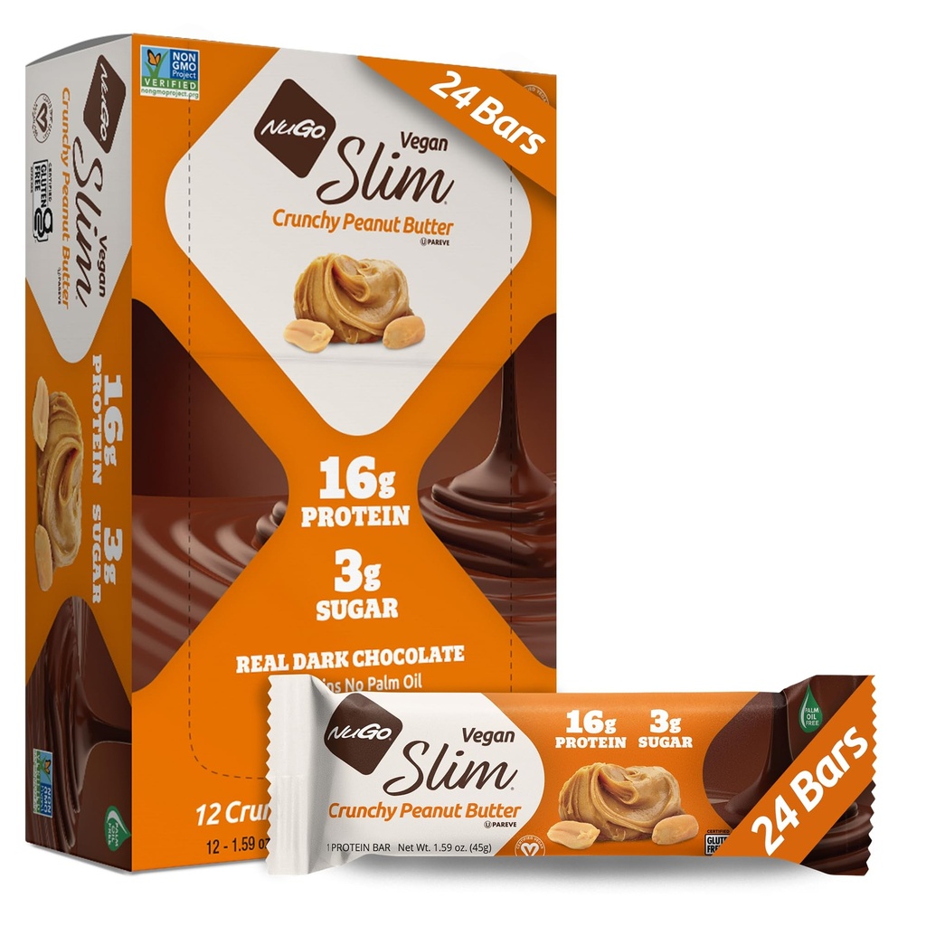 Nugo Slim Dark Chocolate Crunchy Peanut Butter, 16g Vegan Protein, 3g Suiker, 7g Vezel, Low Net Carb, Keto Vriendelijk, Glutenvrij, 24 Tel.