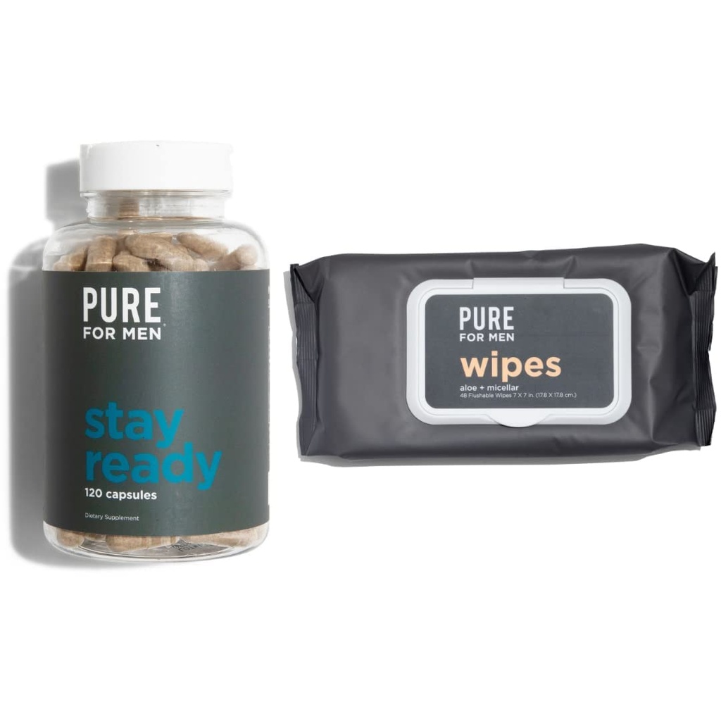 Pure voor mannen Original Vegan Cleanliness Fiber Supplement, 120 Capsules, Eco-Responsible Stay Ready Wipes met Micellar en Aloë (48 Tel.)