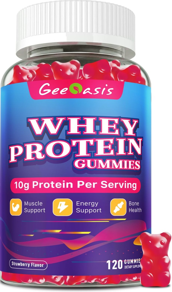 Whey Protein Gummies 10g, Protein Chewables Supplements for Women & Men, Muscle & Energy Support, Bone Health, Strawberry Flavor, 120 Count