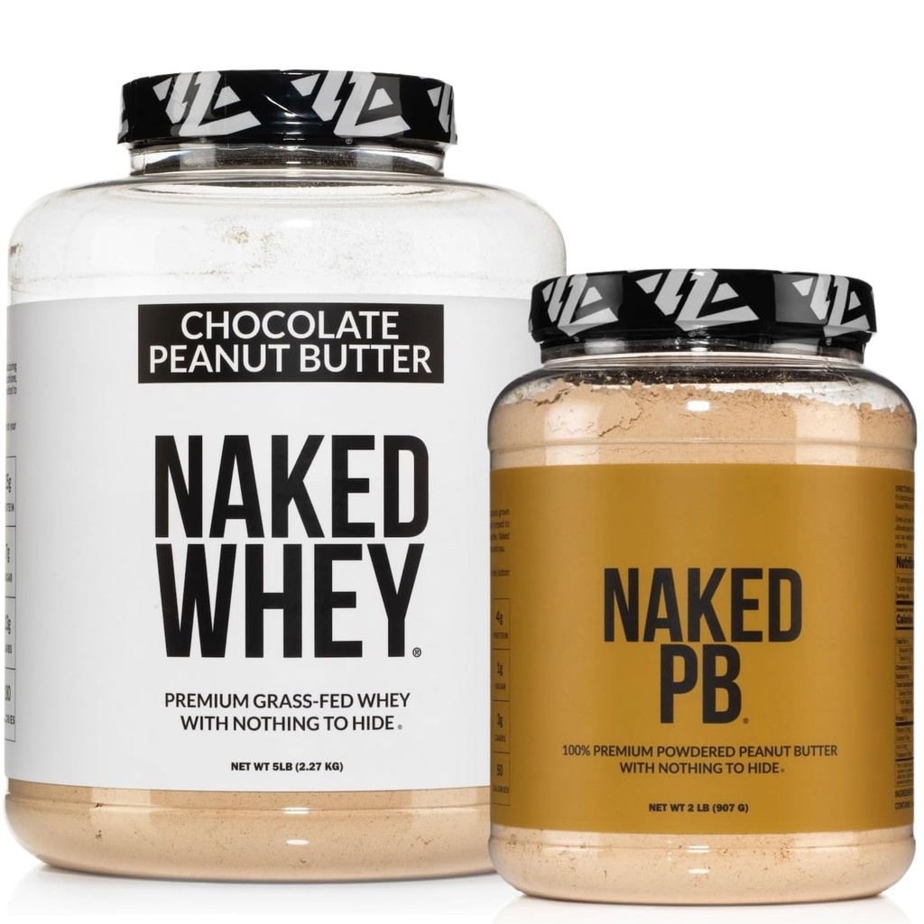 NAKED Whey Chocolate Peanut Butter Protein Powder (52 Servings) + PB Powdered Peanut Butter 2LB (76 Servings) – Grass-Fed; Non-GMO; Gluten Free; Soy Free; Bulk