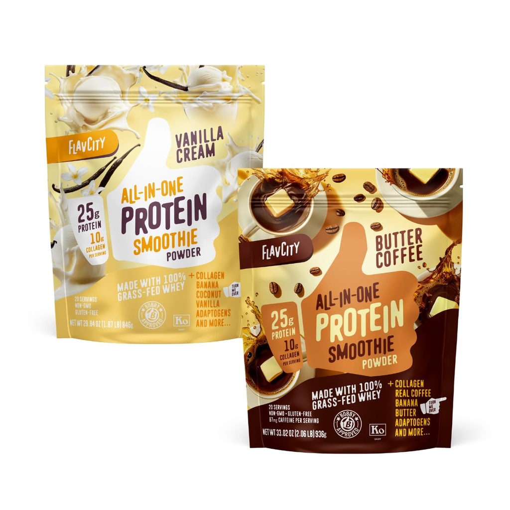 FlavCity Butter Coffee & Vanilla Smoothie Bundle - 25g Grass Fed Whey Protein Powder & 10g Collagen in Vanilla and Coffee Flavors - Real Vanilla Bean & Coconut, Gluten Free (20 Servings Each)