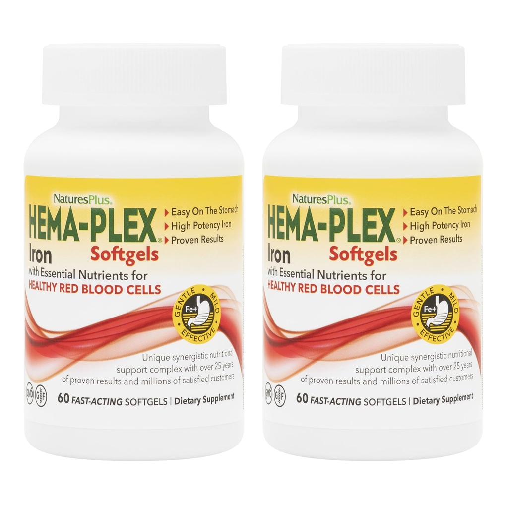 NaturesPlus Hema-Plex Iron - 60 Snelwerkende Softgels - 2 Pack - 85 mg ijzer + vitamine C & Bioflavonoïden voor gezonde rode bloedcellen - Veganistisch, Glutenvrij - 40 Totaal porties