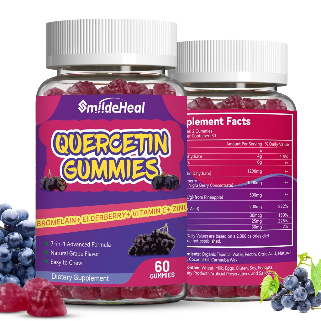 2 Pack Quercetine Gummies 1200MG, Quercetine Gummies with Bromelain, Zink Vitamine C, Immuunsysteem Vegan Gummy for Adult & Kid, 120 Vegan