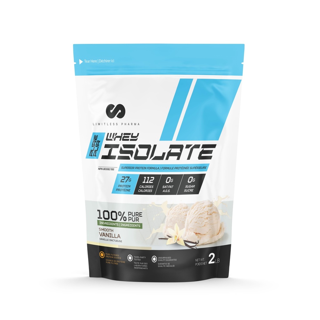 Limitless Pharma Pure Whey Isolate | High Protein Whey Isolate Protein Powder | 27g Protein, 6g BCAAs, Sugar Free, Gluten Free, Low Carb, Low Lactose | 30 Servings, 2LB (Vanilla)