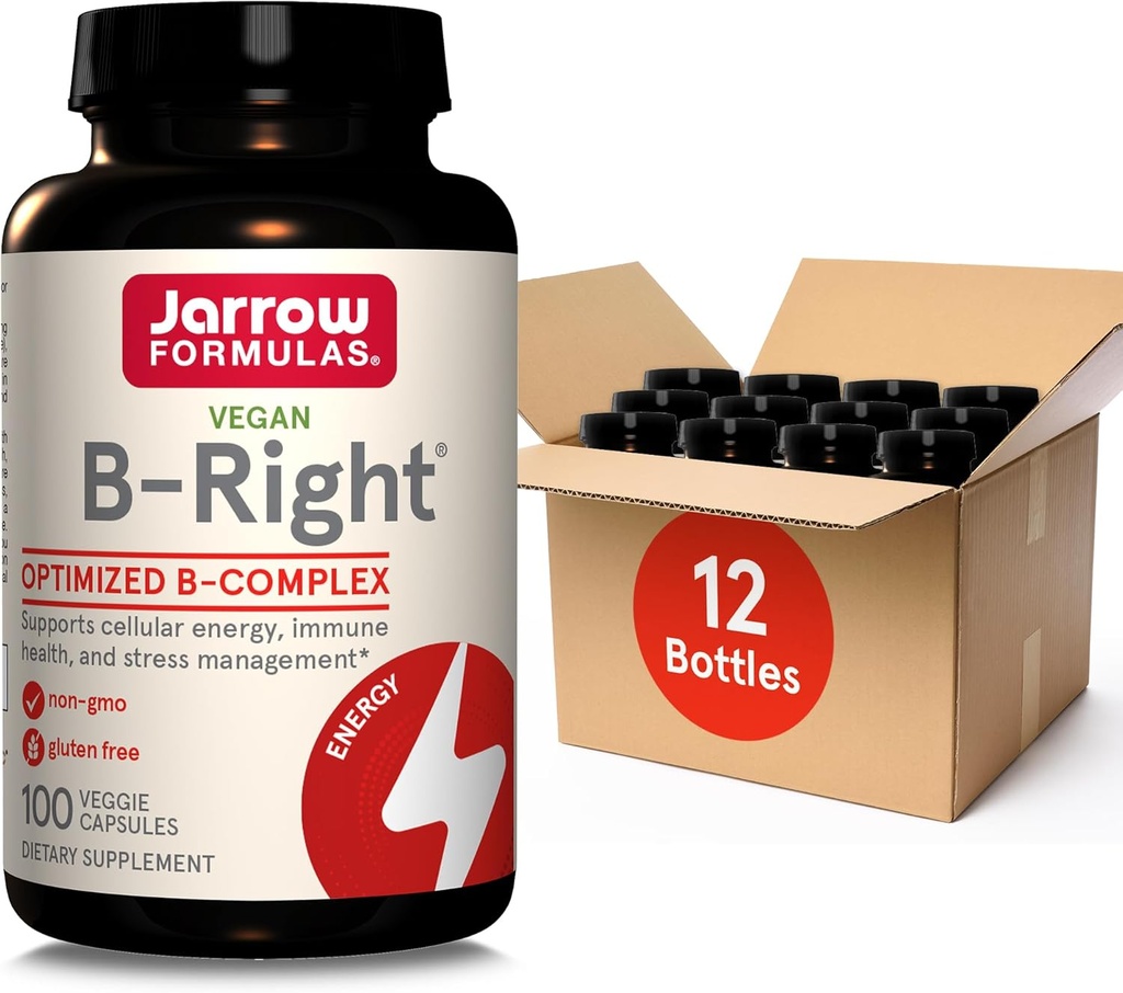 Jarrow Formules B-Right, Optimized B Complex Met Vit B1,B2,B5,B6,B12 en B9 ter ondersteuning van Cellular Energy,Immune Health and Stress Management,100 Veggie Caps,Up to a 100 Day Supply, Pack of 12