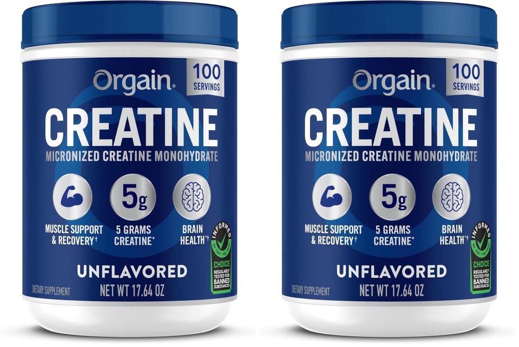Orgain Creatine Monohydraat Micronized Powder,100 Servings, Unflavored,Ondersteunt Spiergroei,Post Workout Herstel en Hersengezondheid,Geen kunstmatige additieven,voor mannen & vrouwen,Veganist,(Pack of 2)