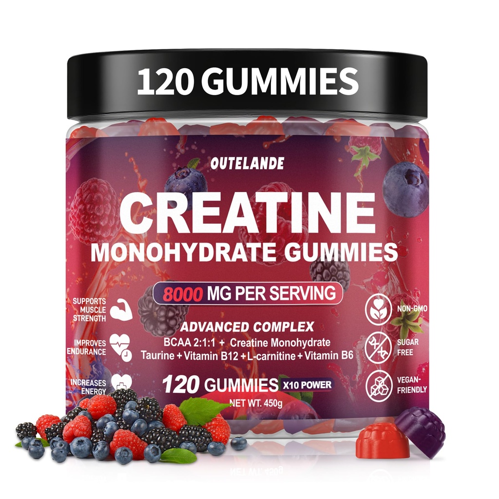 Creatine Monohydraat Gummies 8000 mg voor mannen en vrouwen, Creatine Supplement voor verbeterde spiergroei, energie Boost - met L-Taurine, Suikervrij, Veganistisch, Raspberry BlackBerry Blueberry Flavor-120 Tellen