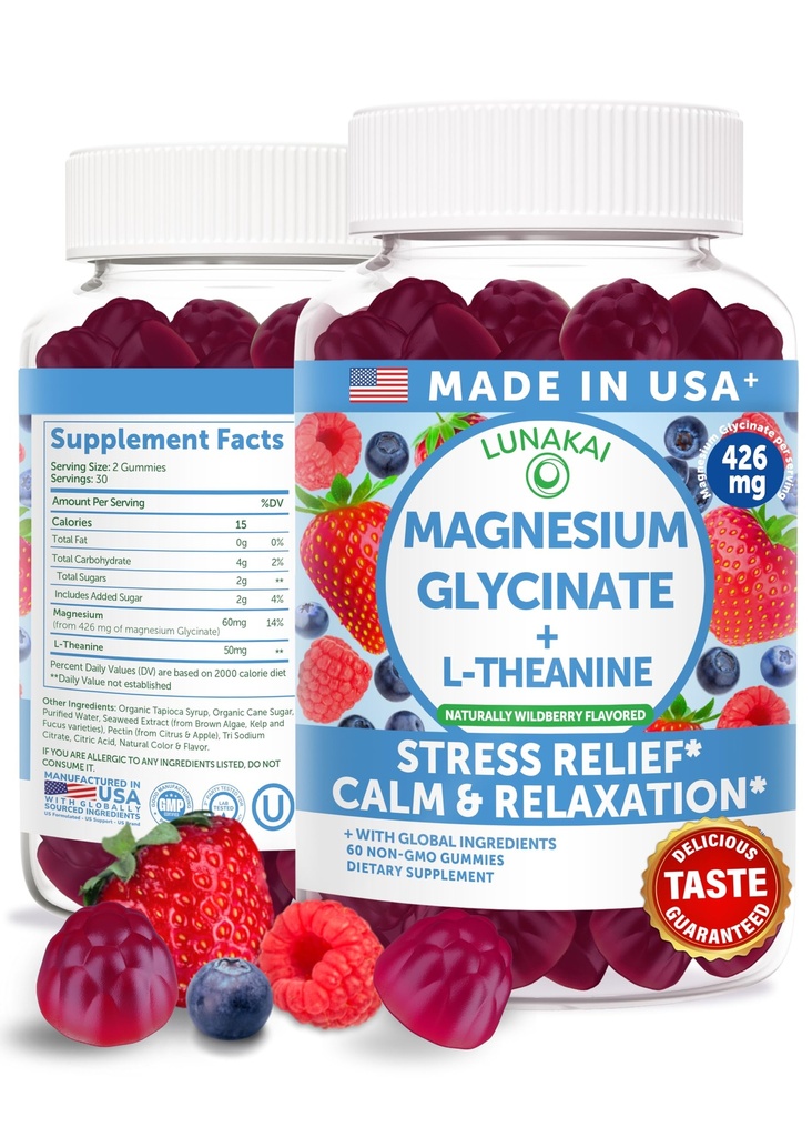 Lunakai USA Made Magnesium Glycinate Gummies 426mg with L-Theanine 
