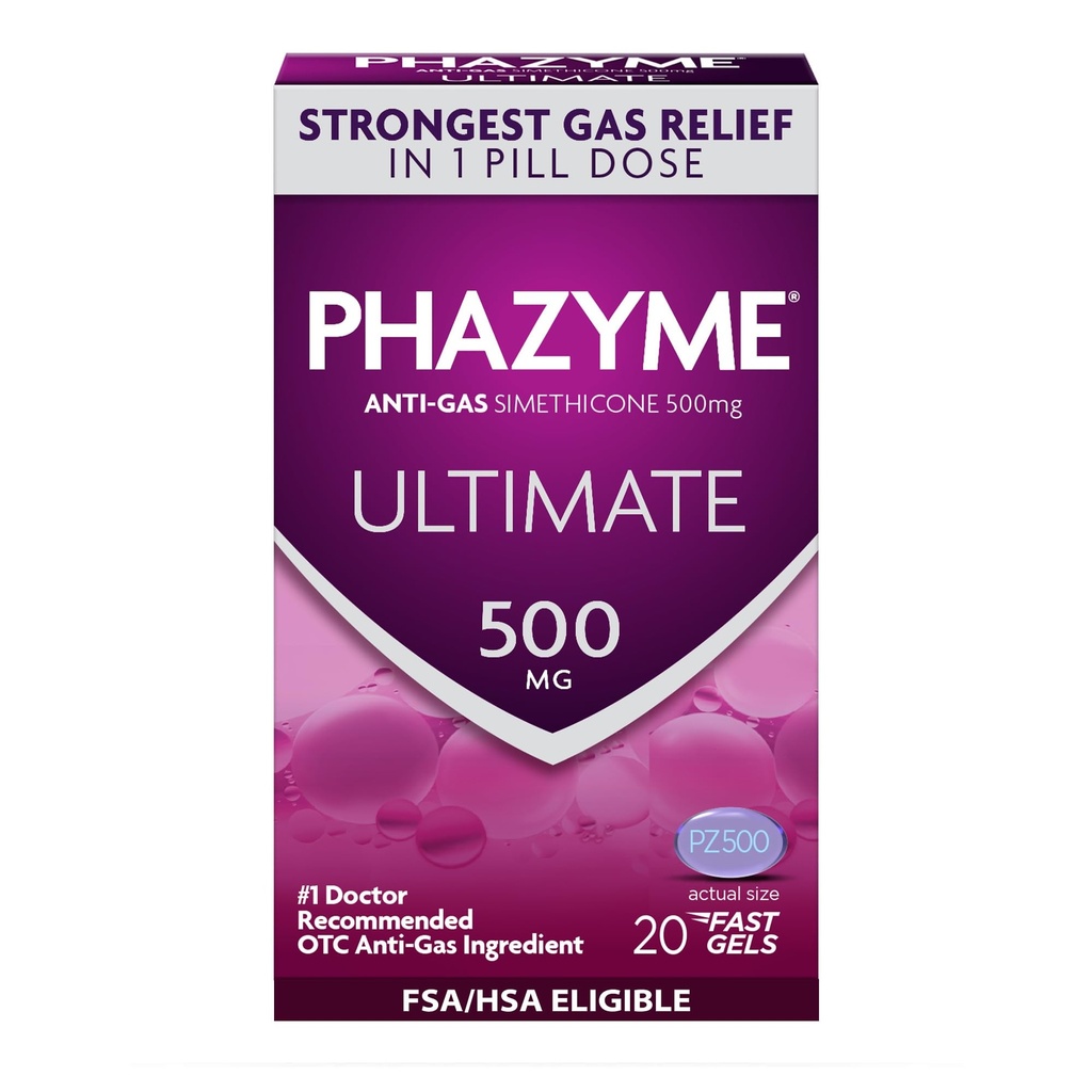 Phazyme Ultimate Strength Anti-Gas 500 mg Simethicone Gas Relief for Adults, Fast Gels Quickly Ease Bloating, Pressure and Discomfort, 20 Tellen