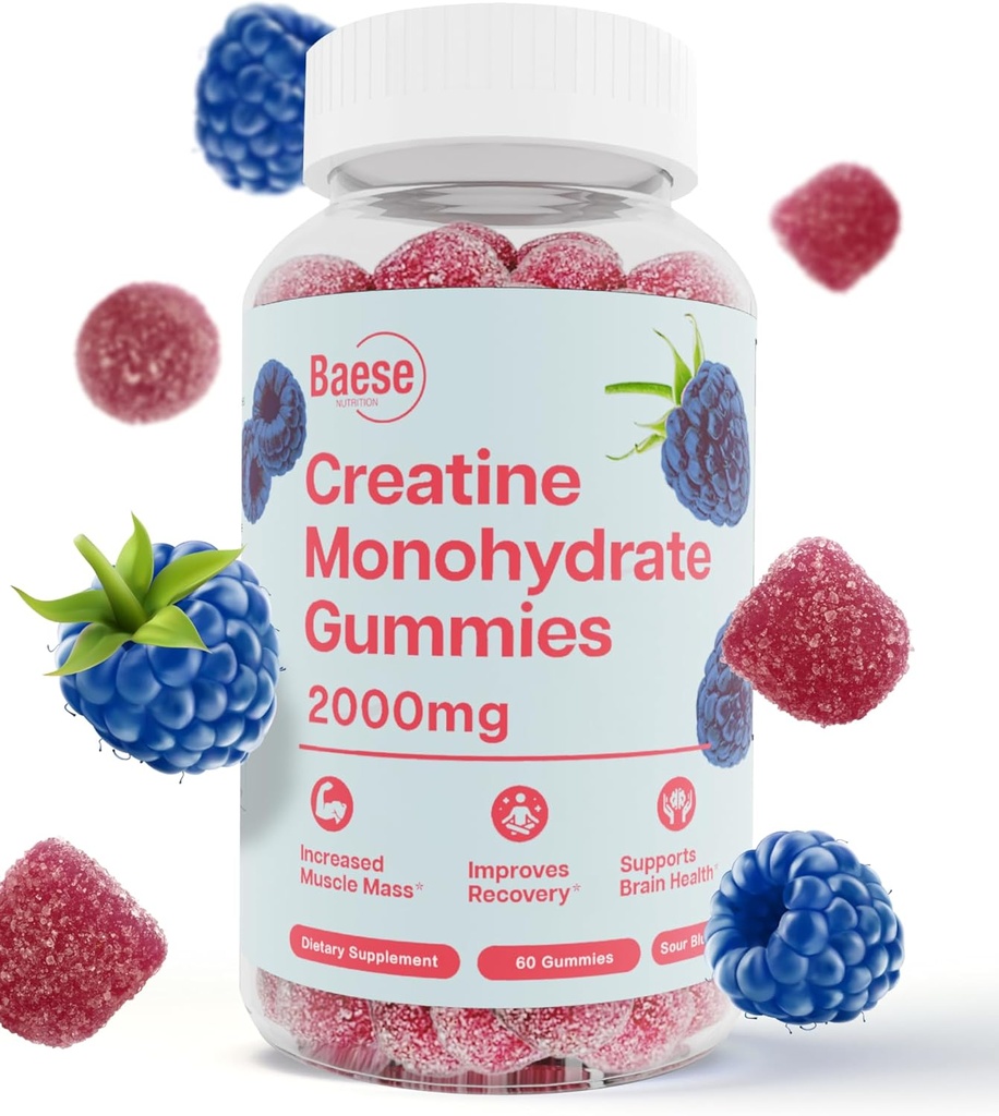 Creatine Monohydraat Gummy's voor mannen en vrouwen - Hoge zuiverheid Sour Blue Raspberry- Kauwbare Creatine Infused Gummy voor spierkracht & energie Boost, Bio available Pre-Workout Supplement