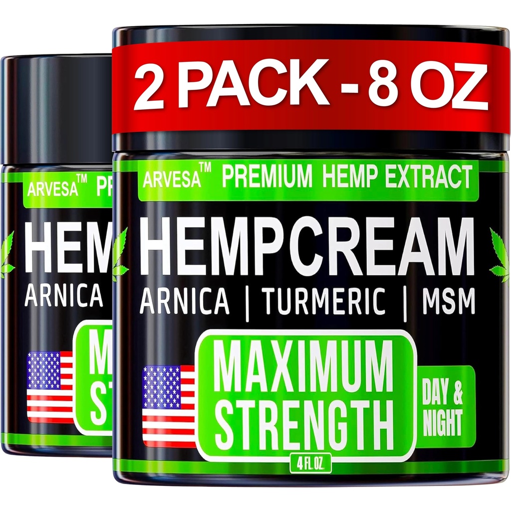 (2 Pack) Hemp Cream 8 OZ - Maximum Strength - Natural Hemp Oil Extract Gel Rub with MSM - Glucosamine - Arnica - Turmeric - Formulated in USA