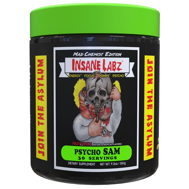 Insane Labz Psycho Sam, High Stimulant Pre Workout Powder, 30 Srvgs (30 Servings (Pack of 1), Fruit Punch