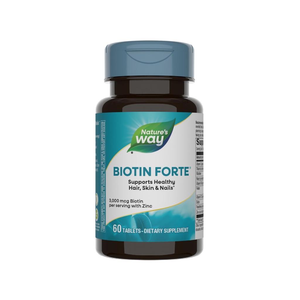 Nature's Way Biotin Forte, Supports Healthy Hair, Skin & Nails*, Hair Skin and Nails Vitamins*, 3000 mcg Biotin per Serving, with Zinc, Vitamin C, B-Vitamins, 60 Tablets (Packaging May Vary)