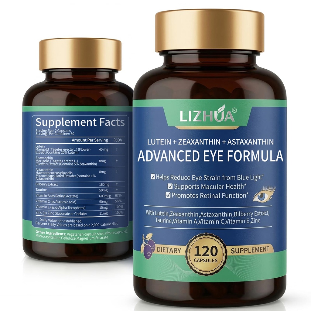 Lutéine 40mg et Zeaxanthin 8mg Vitamines oculaires, avec Astaxanthin, Bilberry, Taurine, Vitamines A C E Zinc, Blue Light & Macular Support, 120 Capsules de Veggie
