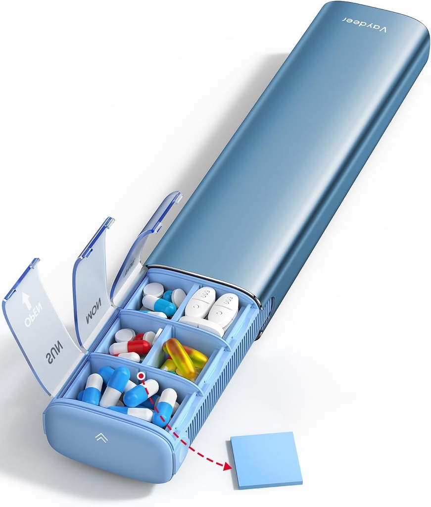 Vaydeer 7 dagen Weekly Pillen Organizer (Support 2 keer per dag), Metal Travel Pillen Case, Grote Capaciteit Dagelijkse Schattige Pillen Doos voor Supplementen, Pillen, Vitaminen en Medicatie (Blauw)