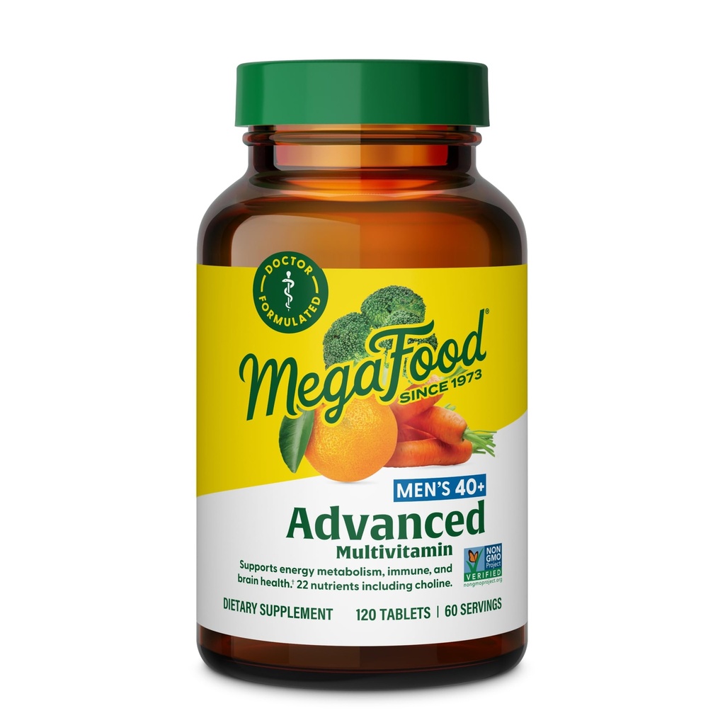 Multivitamine avancée pour hommes de 40+ MegaFood - Dr-Formulé - Choline, Vitamine B, Vitamine C, Vitamine D, Zinc et Aliments Réels - Santé du cerveau, Soutien immunitaire - Végétarien - 120 Tabs (60 portions)